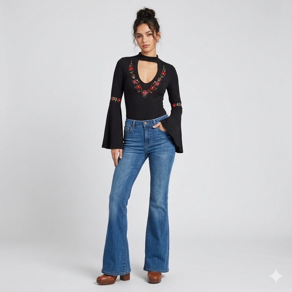 Boho Floral Embroidered Bodysuit Small S Bell Sleeve Hippie Festival WhimsiGoth - Picture 2 of 16